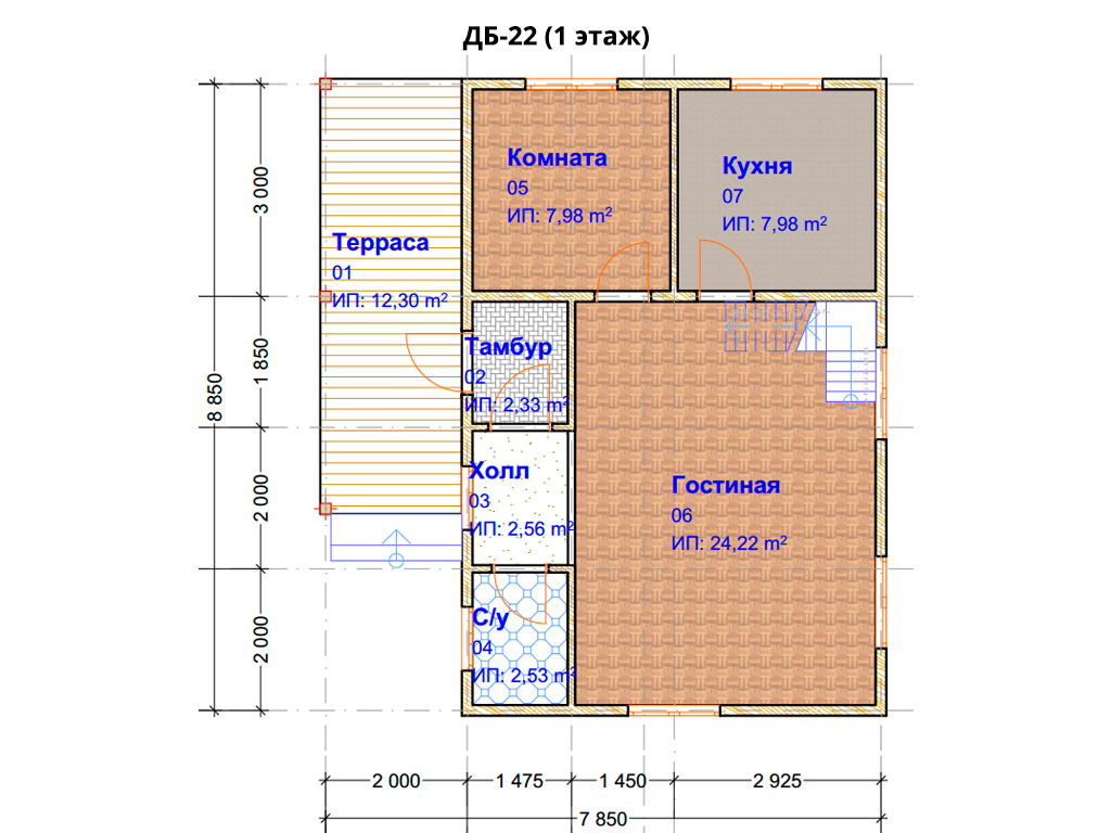 Проект дома ДБ-22 (6х9м), площадью 80.3м² из бруса 150х150мм